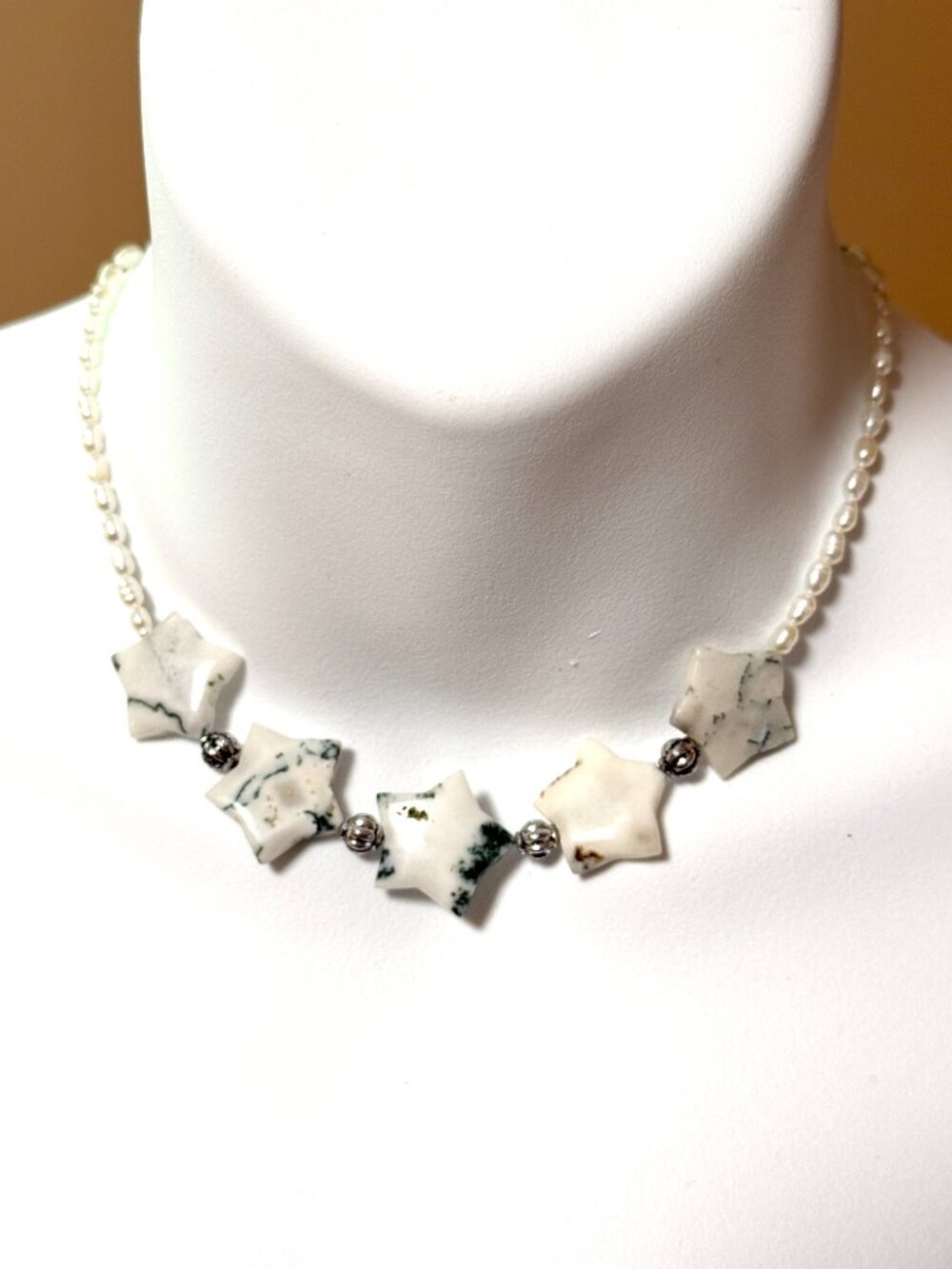 Starry Night Necklace, Genuine White Green Tree Agate Stars & Freshwater Pearls